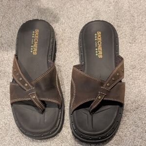 Skechers Women's Dark Brown Leather Toe-Post Slide Sandals
